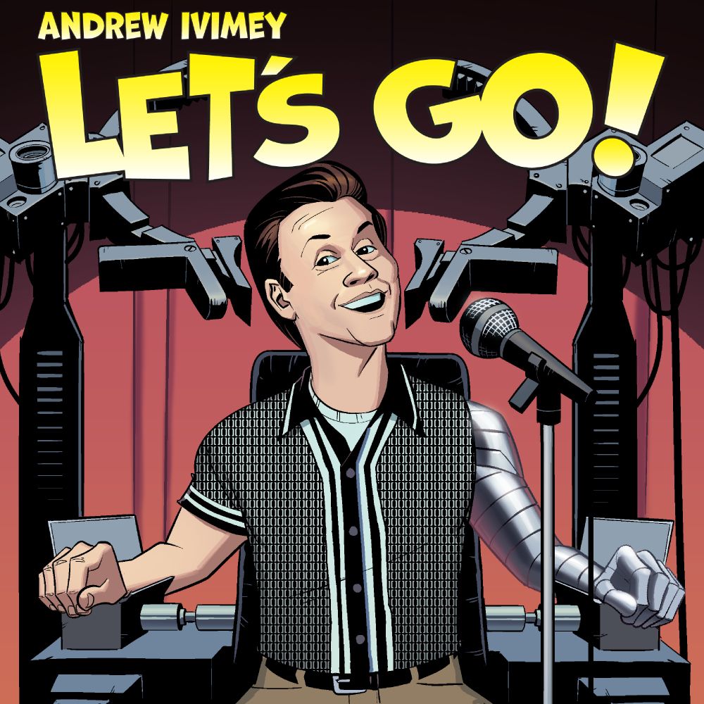 A cartoon rendition of Andrew Ivimey, on stage in front of a red curtain. He has a metal arm and sits in a brainwashing car in the style of Bucky Barnes The Winter Soldier. A microphone in a stand is in front of him. 