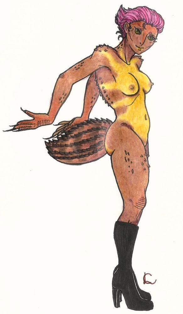 A drawing of a naked anthropomorfized weapontail lizard woman, wearing boots, doing a pose with her arms behind with open hands