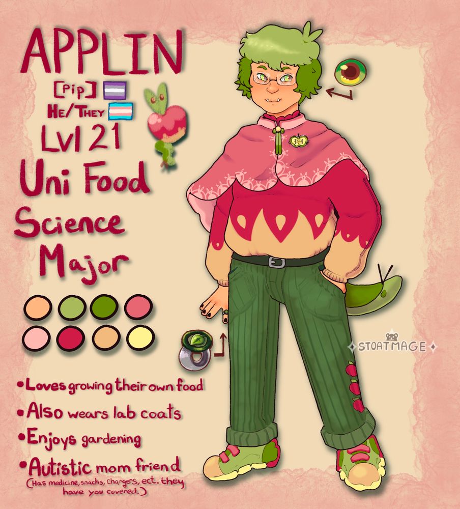 Reference sheet of an Applin pokehuman OC named Pip. 
