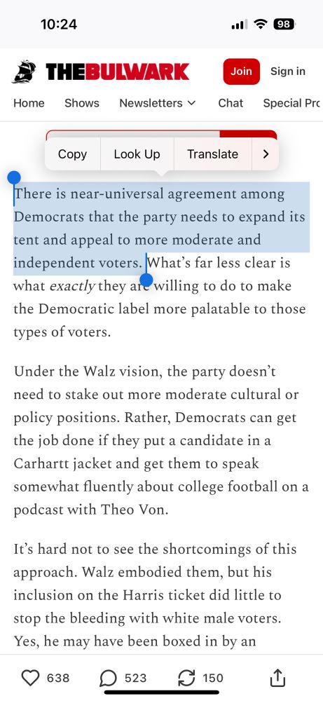 Screenshot of the Bulwark article with the following text highlighted: “There is near-universal agreement among Democrats that the party needs to expand its tent and appeal to more moderate and independent voters.”