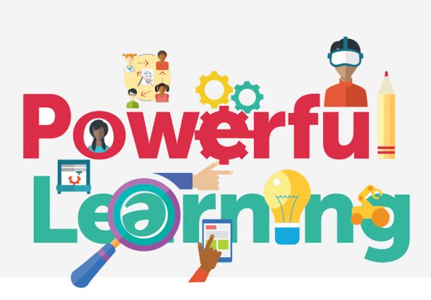 Colorful graphic with the words "Powerful Learning" illustrated in bold, playful fonts. Each letter is integrated with educational-themed icons: a VR headset, pencil, gears, magnifying glass, lightbulb, mobile device, robot arm, and digital collaboration symbols. The imagery conveys technology-enhanced, engaging, and student-centered learning.