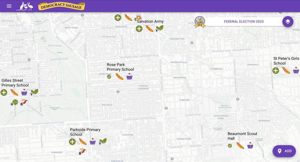 Democracy Sausage map showing options for sausage sizzles, cakes, vegetarian food and more in South Australia. 