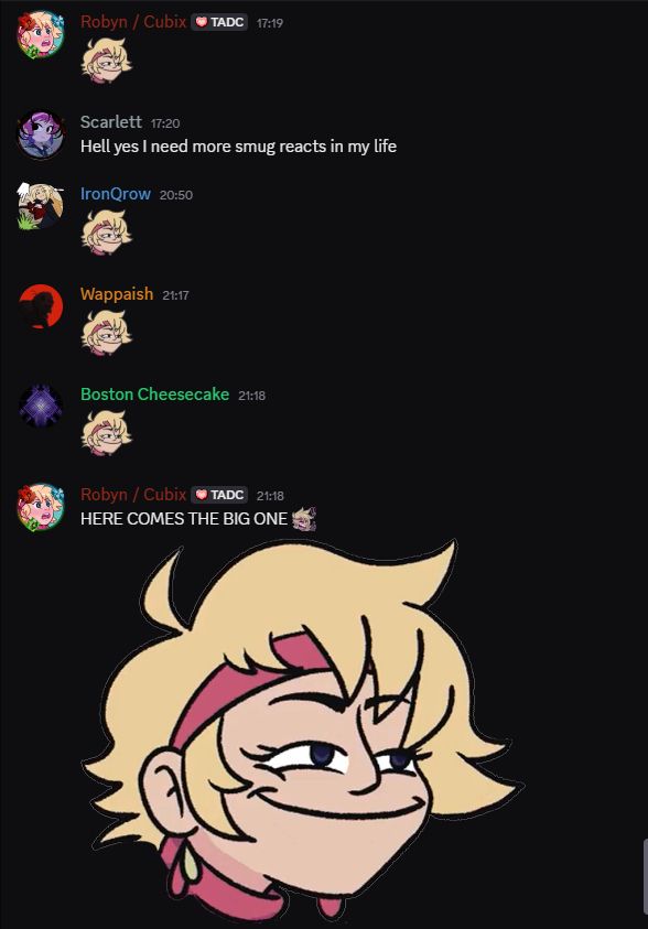 A screenshot of the Cubix corner discord server showing several users post the new smug emote, followed by an enormous version posted at the bottom