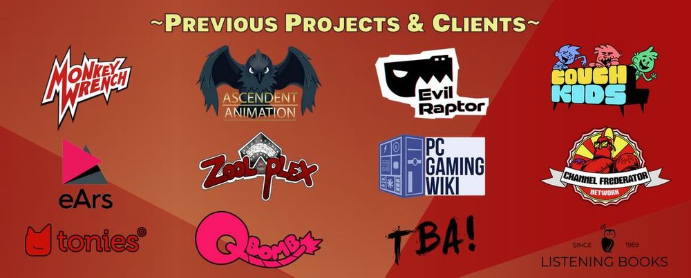 Screenshot from Robyn McConnell's website showing Previous Projects and Clients. Including Monkey Wrench, eArs, tonies, Ascendent Animation, Zoolaplex, QBomb, Evil Raptor Games, PC Gaming Wiki, a space that says 'TBA!' The Couch Kids, The Channel Frederator Network, and Listening Books.