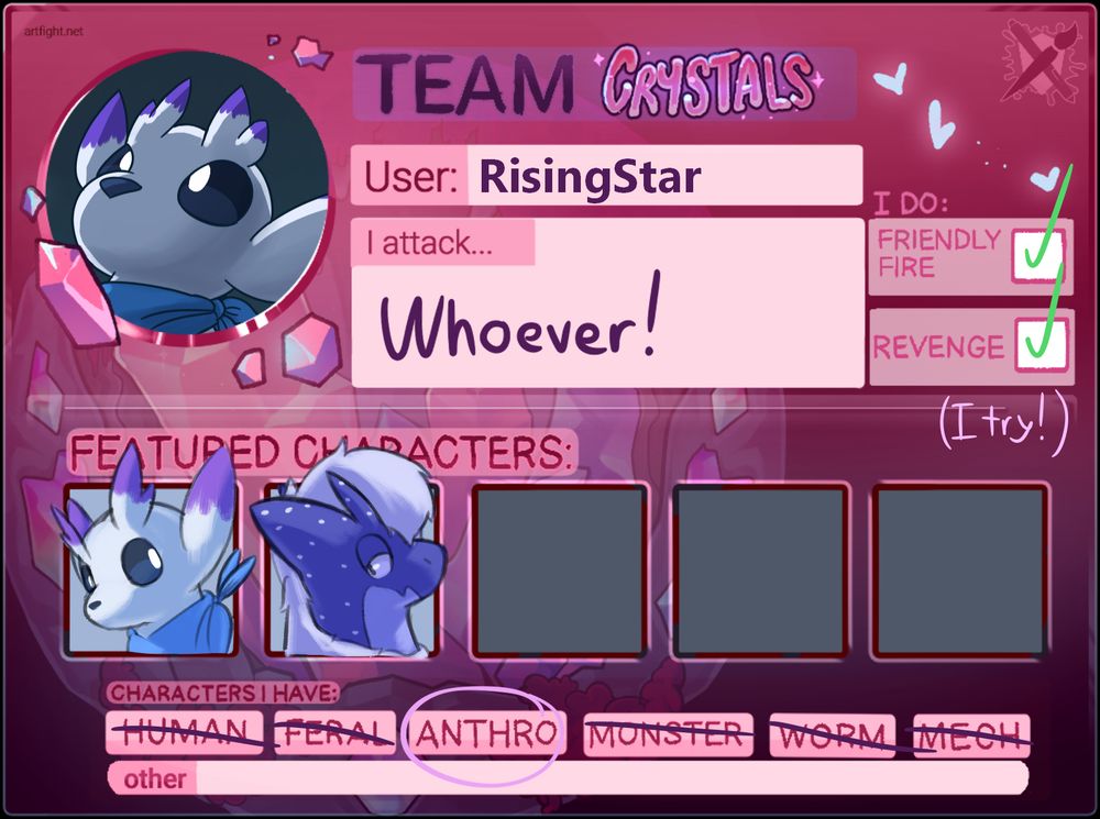 art fight team card for team crystals, showcasing portraits of auro and nebula