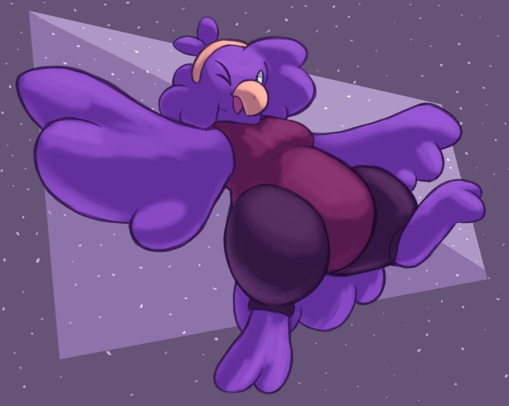 drawing of chorie, a purple bird with a cheery expression. one wing is outstretched towards the viewer