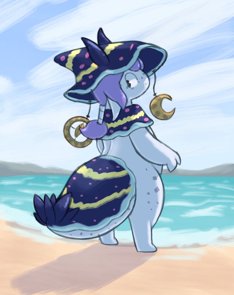 illustration of a sea slug creature standing at the shoreline of a beach. they wear a large hat adorned with hanging sun and moon ornaments and yellow stripes which match their tail.