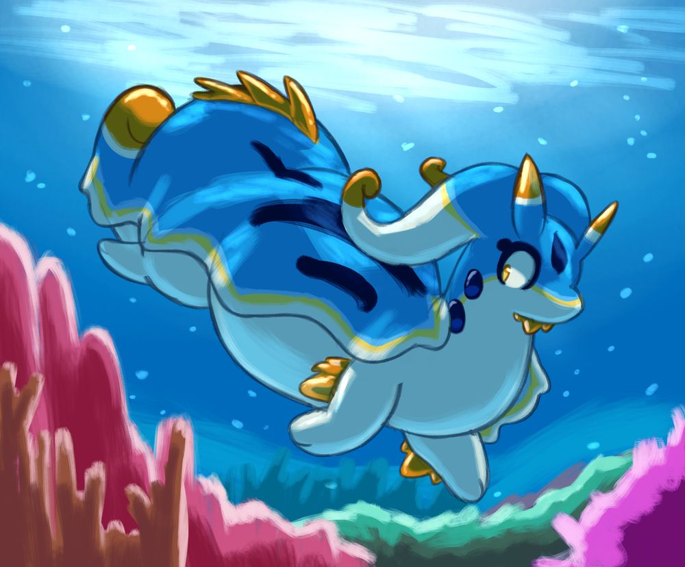 illustration of a blue, white, and orange sea-slug-themed goodra swimming underwater through a coral reef.