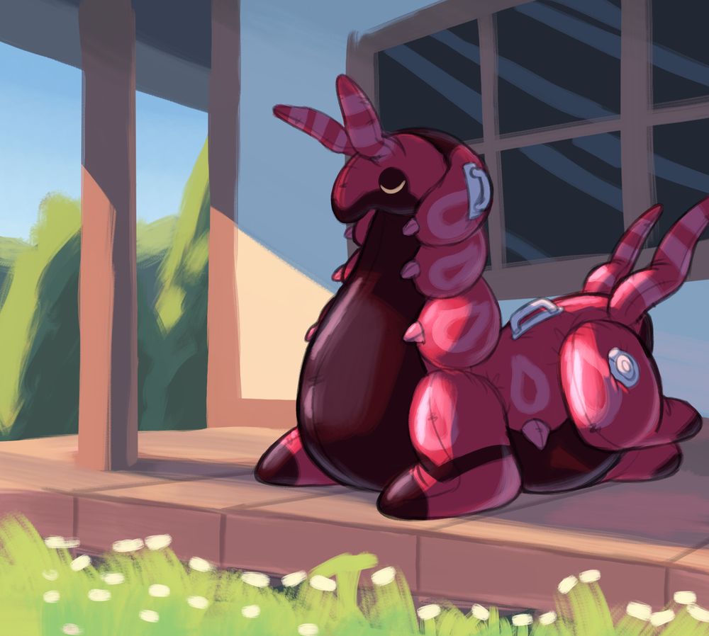 illustration of a pooltoy scolipede sitting outdoors on a wooden deck