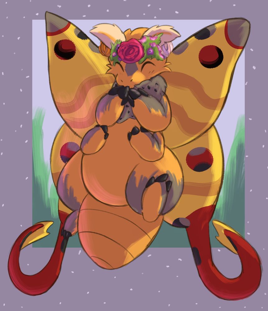 drawing of bauble, a comet moth with red and yellow markings. he is wearing a flower crown with large red, pink, and orange flowers