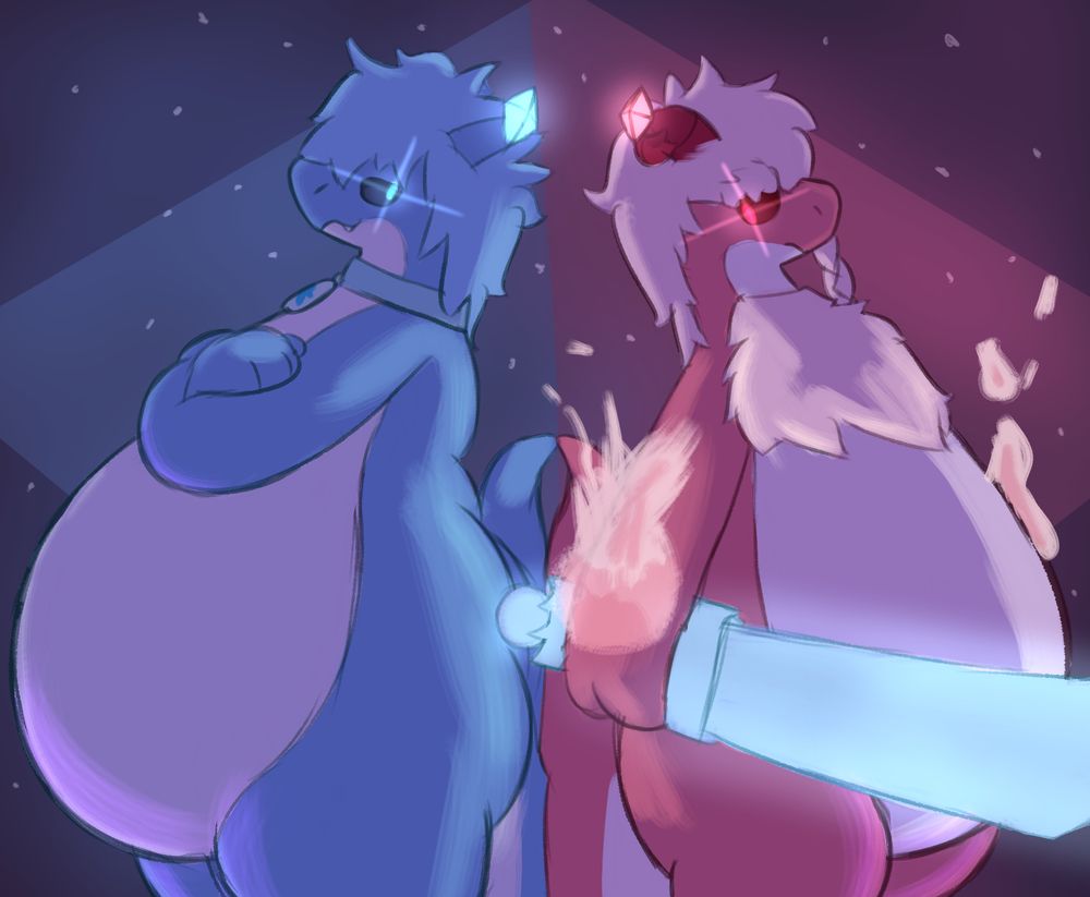 drawing of absolute, a blue dragon, and raimei, a red dragon, standing with their backs to each other. their eyes and memory cores glow with their respective colors.