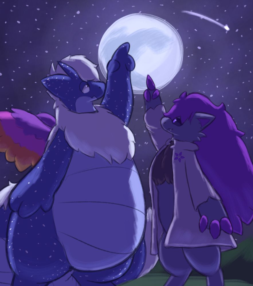 illustration of nebula, a blue dragon, and negau, a zoroark with purple hair, underneath a night sky full of stars. they are both pointing upwards at the full moon
