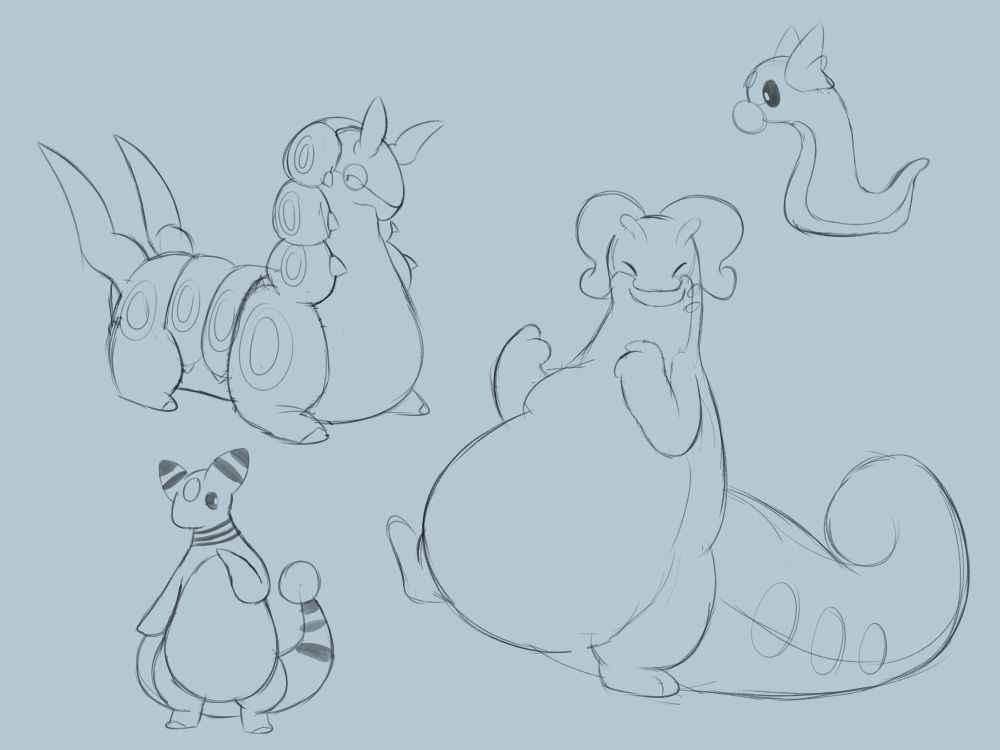 four sketches of various pokemon
clockwise from top right: dratini, goodra, ampharos, scolipede