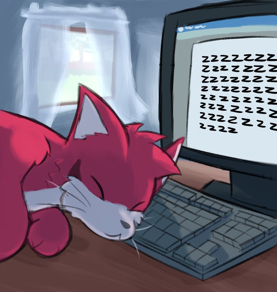 drawing of pantufa, a red cat, sleeping in front of a computer with its head on the keyboard. the computer monitor displays a text box filled with Z's