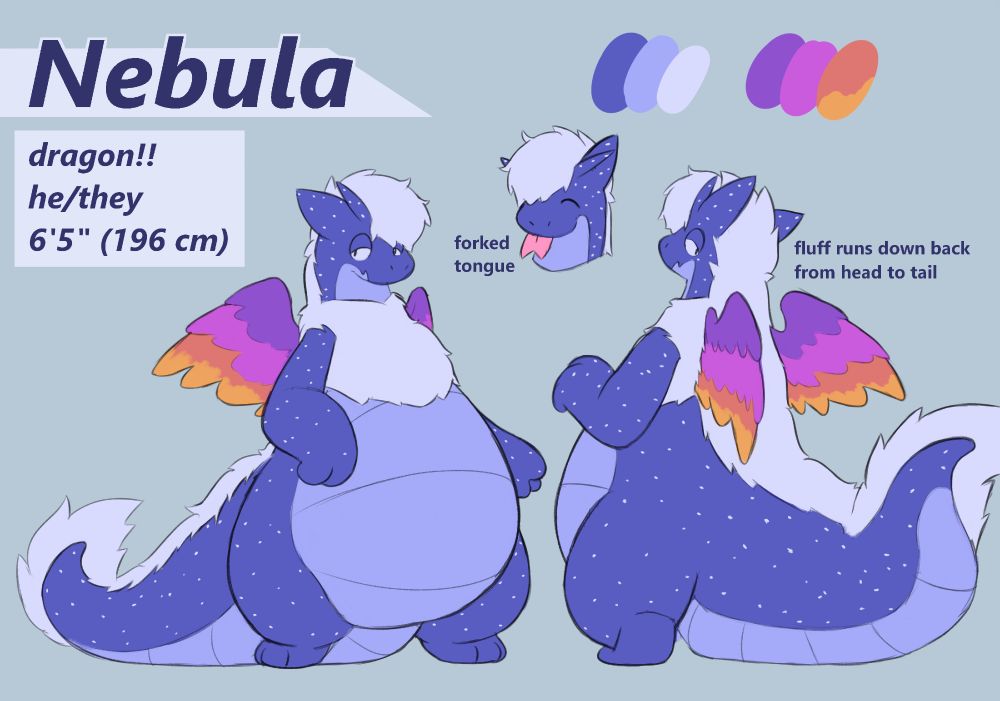 reference sheet of Nebula, a pear-shaped blue dragon. drawings showcase them from the front and back, accompanied by a smaller doodle of them sticking their tongue out.
accompanying text reads "forked tongue" and "fluff runs down back from head to tail".
the reference sheet also includes a color palette and various miscellaneous information, such as pronouns (he/they) and height (6 feet 5 inches; 196 centimeters)