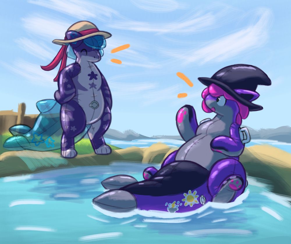 illustration of neso (left) and kiru (right), two purple pooltoy shark creatures, hanging out at a pool. the pool, enclosed by rocks around its edge, is part of a larger lake visible in the background.