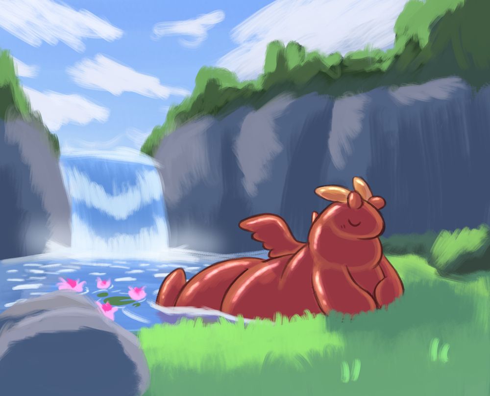 illustration of an orange slime creature relaxing in a pond at the base of a waterfall.