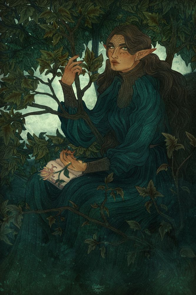 a digital illustration based off "the day dream" by dante gabriel rossetti, showing a female inquisitor lavellan sitting in the boughs of a sycamore tree, surrounded by its branches. she has light tan skin, long brown hair, green-blue eyes and full mythal vallaslin and is wearing a deep turquoise dress which blends into the background. she's holding a branch with one hand, and resting the other on a book in her lap while holding a honeysuckle flower. 