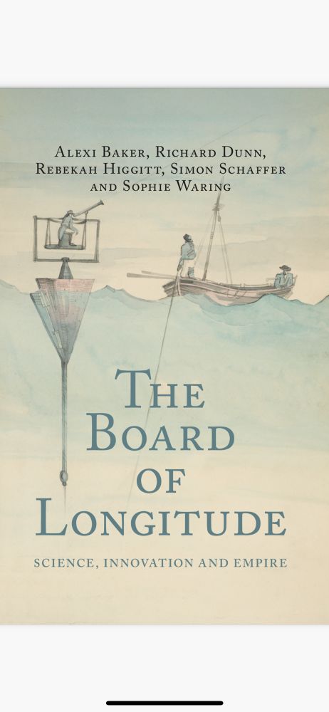 A book cover showing a man on a bizarrely styled float in the sea trying to take a measurement with a sextant. Another sailor sits waiting next to him in a small rowing boat. The title of the book is The Board of Longitude: science, innovation and empire, written by a group of authors. 