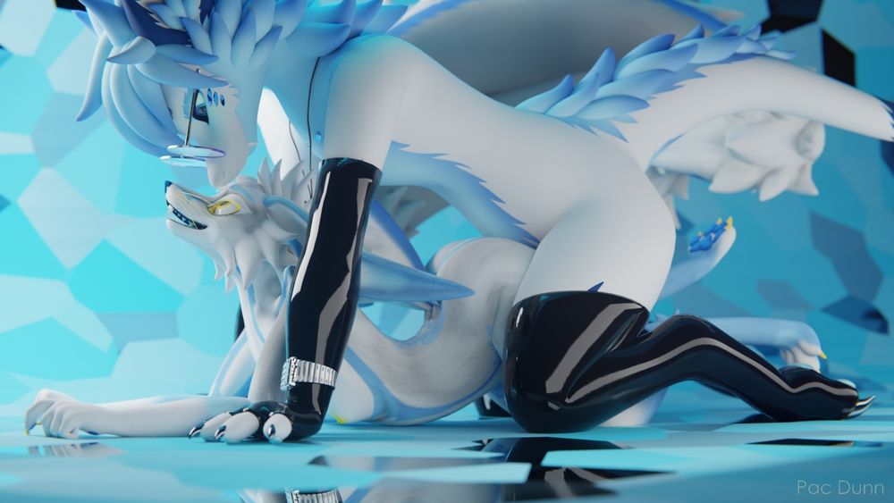 Blue and white nardoragon with glasses and latex sleeves/thigh-highs plowing a blue and white kyuulin from behind doggy-style. They passionately look at each other.