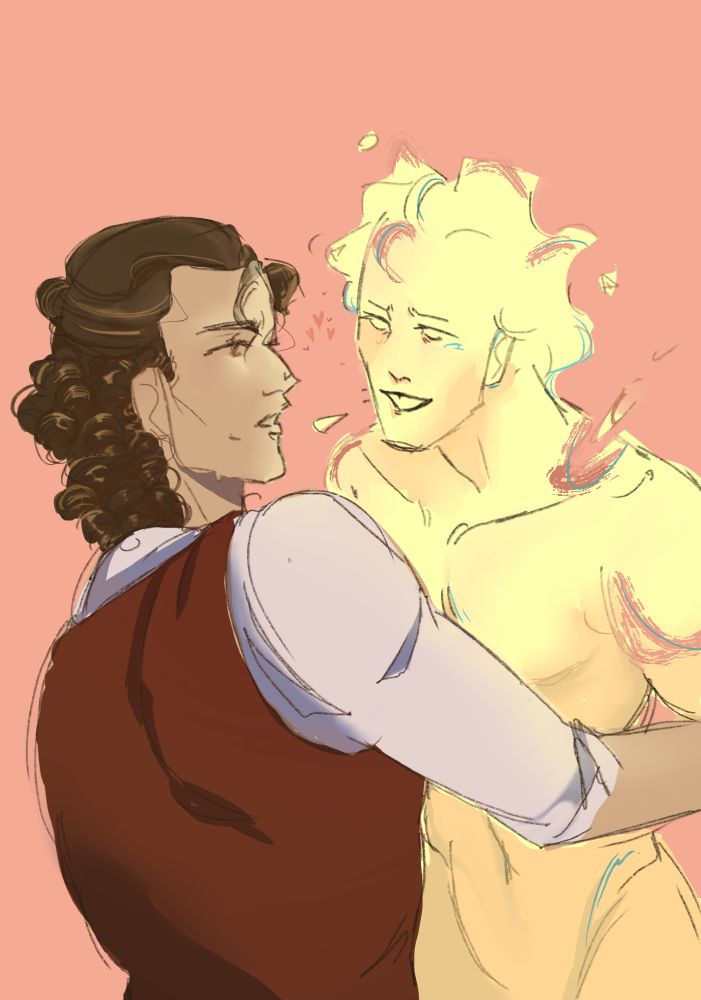 noel with clarence in a semi embrace, noel looking up at clarence almost hesitantly as clarence grins at him jubilantly 