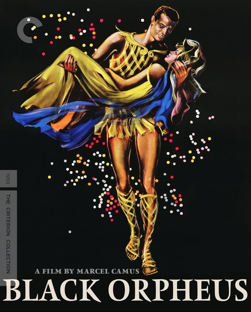 Cover art of the Criterion edition of Black Orpheus (1959), a film by Marcel Camus. Painting of a Black man in a vest-like garment and knee-high Greco-Roman sandals carrying a Black woman in a golden gown in his arms as they exchange loving glances. 