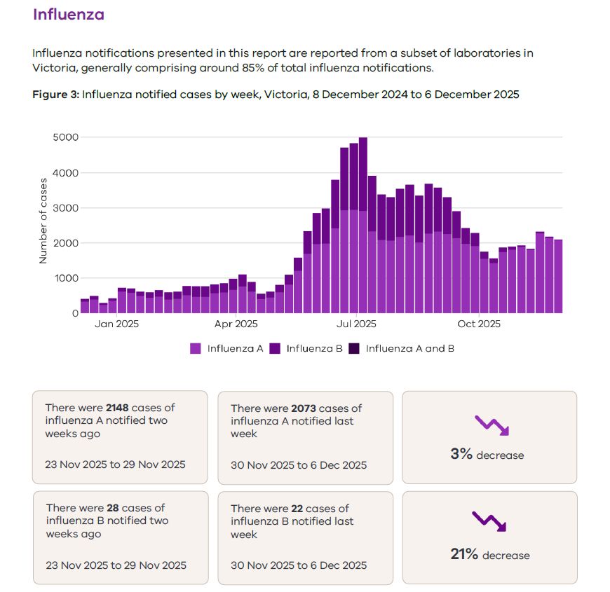 A page from the Victorian Respiratory Surveillance Report (Laboratory surveillance, 12 December 2025) showing data for Influenza.

Section Title:
Influenza

The text explains that influenza notifications come from a subset of laboratories across Victoria, accounting for about 85% of total influenza notifications.

Figure 3:
“Influenza notified cases by week, Victoria, 8 December 2024 to 6 December 2025.”

A bar chart displays weekly influenza cases, broken down into:

Influenza A (medium purple)

Influenza B (dark purple)

Combined A and B (stacked)

Visual trends in the chart:

Early 2025 (Jan–Mar):
Cases start low (~200–600 per week) with small fluctuations.

Apr–Jun 2025:
A steady rise begins, especially in Influenza A.

Peak period (Jul 2025):
A major surge reaching around 5,000 weekly cases, with Influenza A dominating the outbreak.

Aug–Oct 2025:
A decline begins but remains elevated (~2,000–3,000 cases per week).

Nov–Dec 2025:
Cases fall further but show small rebounds in some weeks.

Summary boxes below the chart:
Influenza A:

2148 cases two weeks ago
(23–29 Nov 2025)

2073 cases last week
(30 Nov–6 Dec 2025)

3% decrease (shown with a purple downward arrow)

Influenza B:

28 cases two weeks ago
(23–29 Nov 2025)

22 cases last week
(30 Nov–6 Dec 2025)

21% decrease (shown with a purple downward arrow)