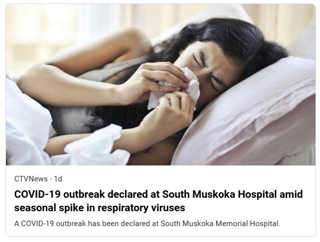 News card preview from CTV News showing a headline: “COVID-19 outbreak declared at South Muskoka Hospital amid seasonal spike in respiratory viruses.” Below it reads: “A COVID-19 outbreak has been declared at South Muskoka Memorial Hospital.” The accompanying image shows a sick woman lying in bed, eyes closed, holding a tissue to her nose while coughing or sneezing, with a blanket and pillow around her.