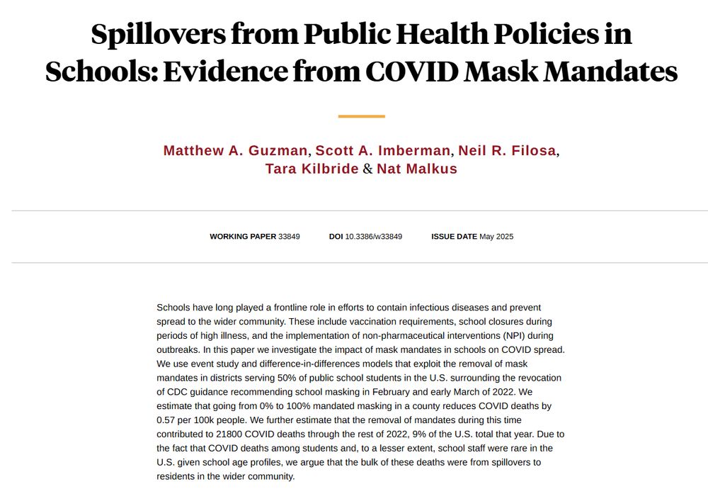 Spillovers from Public Health Policies in Schools: Evidence from COVID Mask Mandates
Matthew A. Guzman, Scott A. Imberman, Neil R. Filosa, Tara Kilbride & Nat Malkus
X
LinkedIn
Facebook
Bluesky
Threads
Email
Link
Working Paper 33849
DOI 10.3386/w33849
Issue Date May 2025
Schools have long played a frontline role in efforts to contain infectious diseases and prevent spread to the wider community. These include vaccination requirements, school closures during periods of high illness, and the implementation of non-pharmaceutical interventions (NPI) during outbreaks. In this paper we investigate the impact of mask mandates in schools on COVID spread. We use event study and difference-in-differences models that exploit the removal of mask mandates in districts serving 50% of public school students in the U.S. surrounding the revocation of CDC guidance recommending school masking in February and early March of 2022. We estimate that going from 0% to 100% mandated masking in a county reduces COVID deaths by 0.57 per 100k people. We further estimate that the removal of mandates during this time contributed to 21800 COVID deaths through the rest of 2022, 9% of the U.S. total that year. Due to the fact that COVID deaths among students and, to a lesser extent, school staff were rare in the U.S. given school age profiles, we argue that the bulk of these deaths were from spillovers to residents in the wider community.
