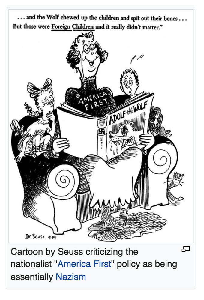 Cartoon by Seuss criticizing the nationalist "America First" policy as being essentially Nazism