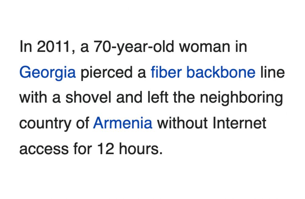 In 2011, a 70-year-old woman in Georgia pierced a fiber backbone line with a shovel and left the neighboring country of Armenia without Internet access for 12 hours. 