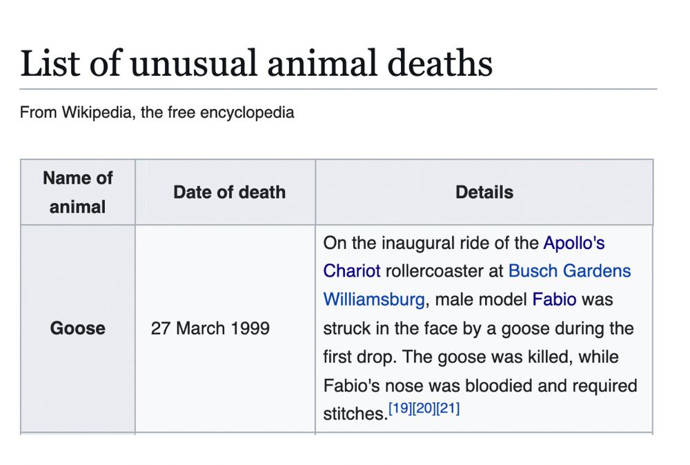 list of unusual animal deaths: 1999 "On the inaugural ride of the Apollo's Chariot rollercoaster at Busch Gardens Williamsburg, male model Fabio was struck in the face by a goose during the first drop. The goose was killed, while Fabio's nose was bloodied and required stitches"