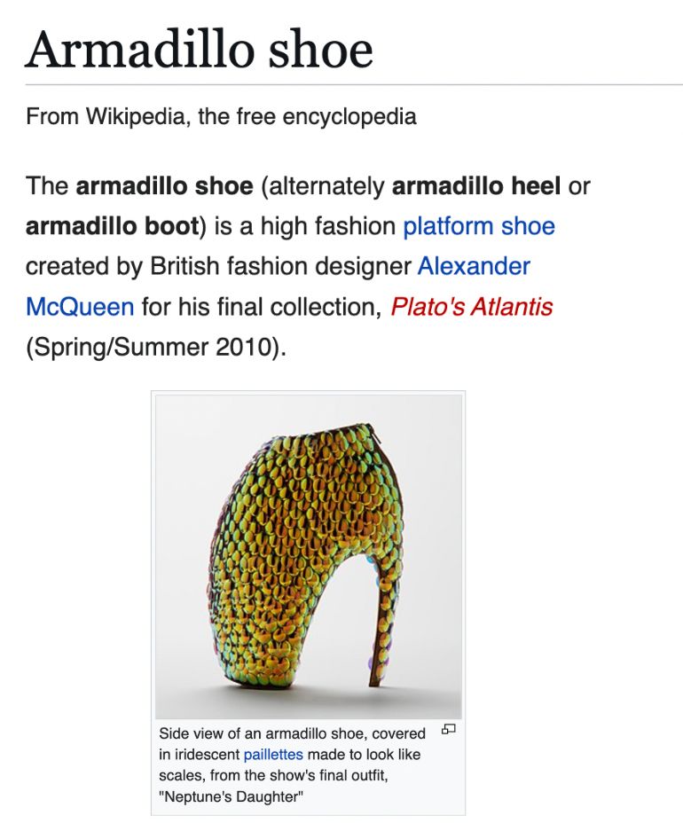 The armadillo shoe (alternately armadillo heel or armadillo boot) is a high fashion platform shoe created by British fashion designer Alexander McQueen for his final collection, Plato's Atlantis (Spring/Summer 2010). 