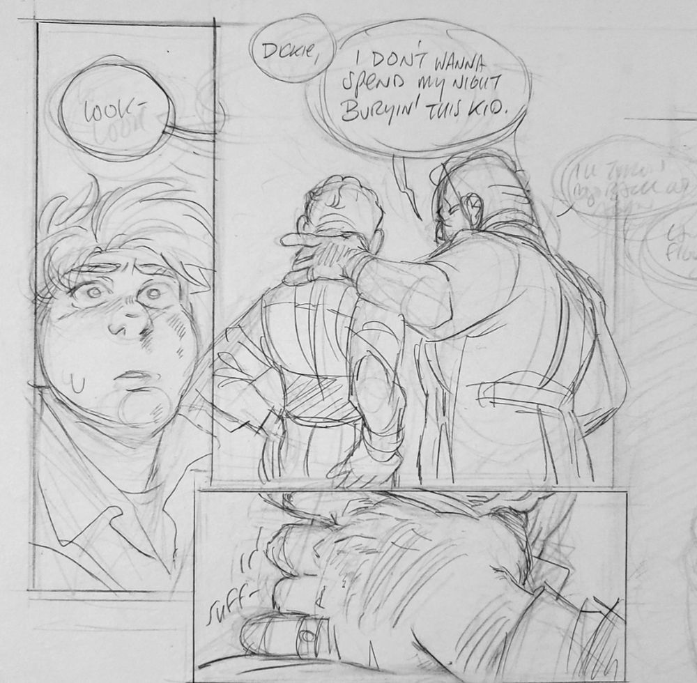 a crop of a comic page, still in pencils - Henry, 19 years old with shorter, darker hair and no facial scar to be seen, snaps to attention in a close-up as someone offscreen says "Look-" 

But they're not talking to her. The large man who hauled her in here - broad shouldered in a double-breasted suit - has his hand curled over the shoulders of Dickie, the thin MC of the nightclub. They both face away from Henry, walling her off from their conversation - even though it's *about* her. 

"Dickie," the bigger man continues. "I don't wanna spend my night buryin' this kid." His hand tightens - amicably? - against the back of Dickie's neck. Henry fixates sharply on this detail - she's still bruised from that same hand.