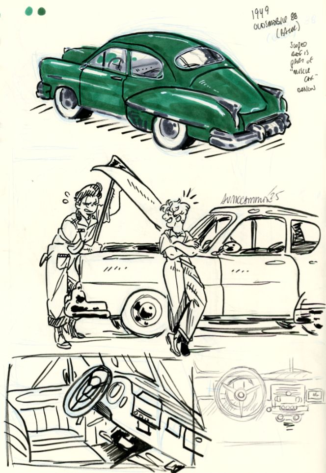 an offwhite sketchbook page full of vintage car related drawings! A green 1949 Oldsmobile 88 is at the top with some tiny color swatches and notes about the sloped roof being part of the early muscle car vibe. Below that, Nicky works under the hood of her car while Henry... supervises? (We'll call it that.) Along with some rough sketches of car dashboards.