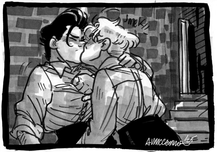 A black and white/grayscale drawing in the style of a comic panel. Against an abstracted brick wall, small staircase leading up to a slightly open door in the background, Nick and Henry steal a brief and needy kiss. Both of them have a hand bunched in the other's shirt, eyes shut and oblivious to whoever might stumble across them...