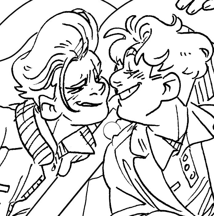 a black and white inked close-up of Nicky and Henry, leaning in and making eyes at each other. Nicky is a taller, latinx butch with a slicked-back pompadour that has a single curl falling in her face. Henry, smaller, is a white butch with short, messy blonde hair.