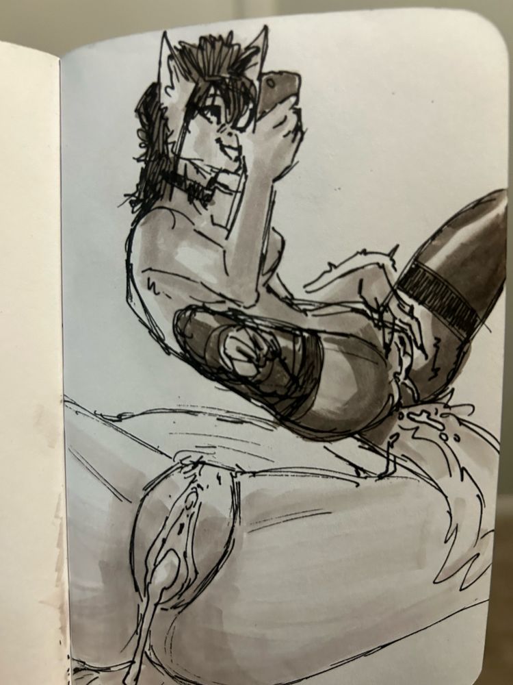 An anthropomorphic wolf girl taking a selfie of a creampie. She is wearing tights and spreading her legs. 