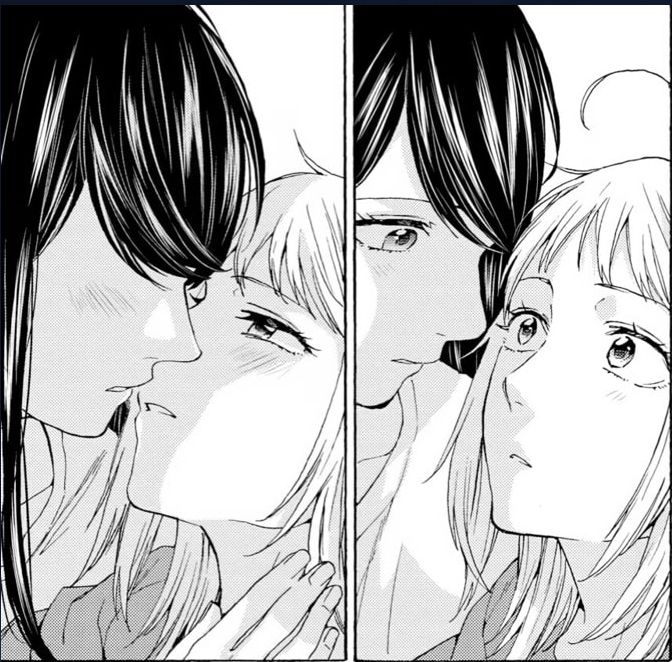 snippet of a manga panel from 2DK, G Pen, Mezamashi Tokei. of the two MCs, Kaede Fujimura and Nanami Kazuki romantically kissing after Nanami comes back home from work while Kaede's cooking.