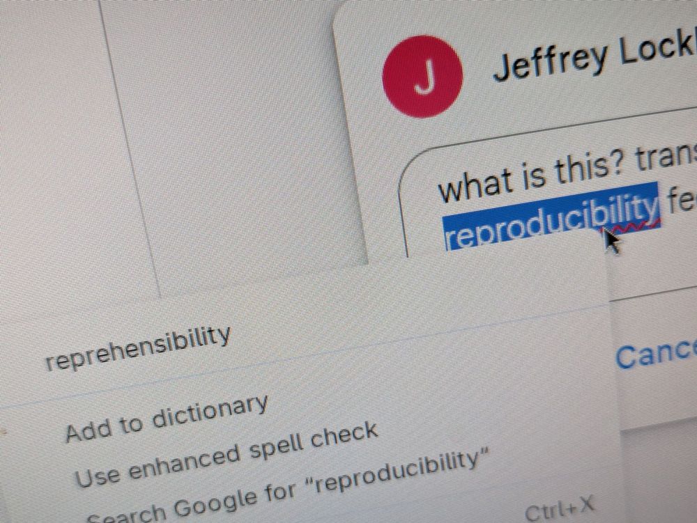 Image of spell check suggesting "reprehensibility" as a replacement for "reproducibility"