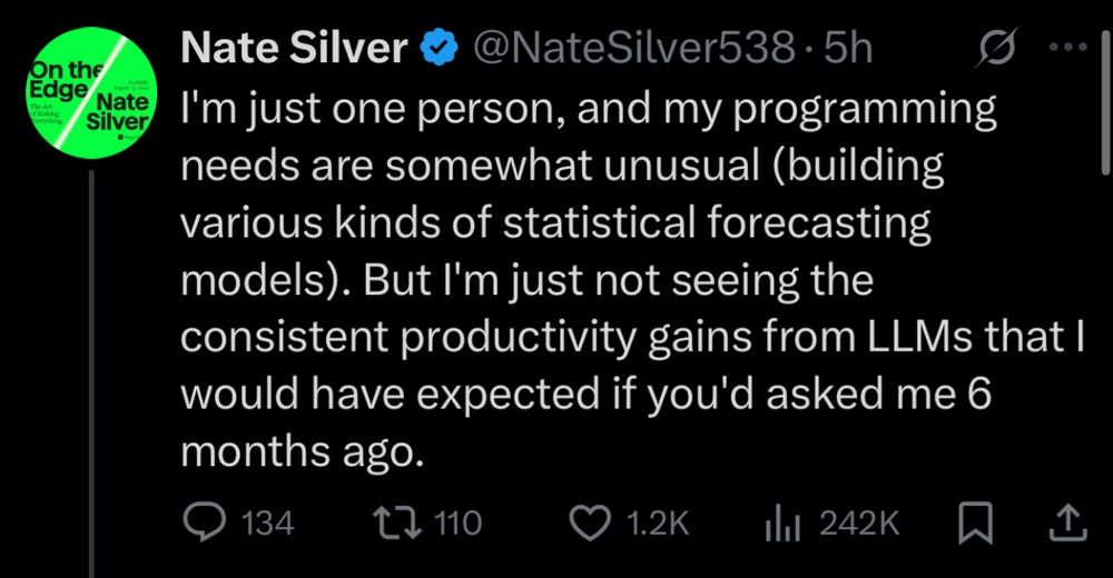 Nate Silver
@NateSilver538 • 5h
•.°
I'm just one person, and my programming needs are somewhat unusual (building various kinds of statistical forecasting models). But I'm just not seeing the consistent productivity gains from LLMs that I would have expected if you'd asked me 6 months ago.