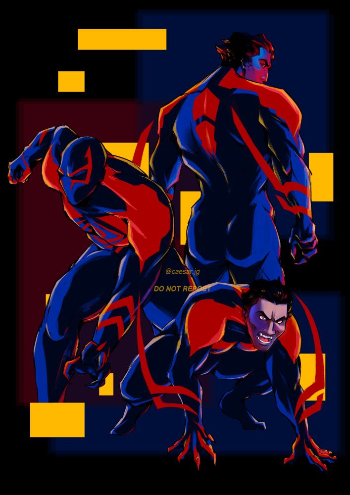 A drawing of Miguel O'Hara from the movie Across The Spiderverse. In the top right he is seen standing from the back and looking over his shoulder (and he's massively caked up). On the middle left he is wearing his complete suit and running forward. On the bottom right he's crouching and has an angry expression, ready to attack. The background consists of abstract rectangles in red, blue and yellow.