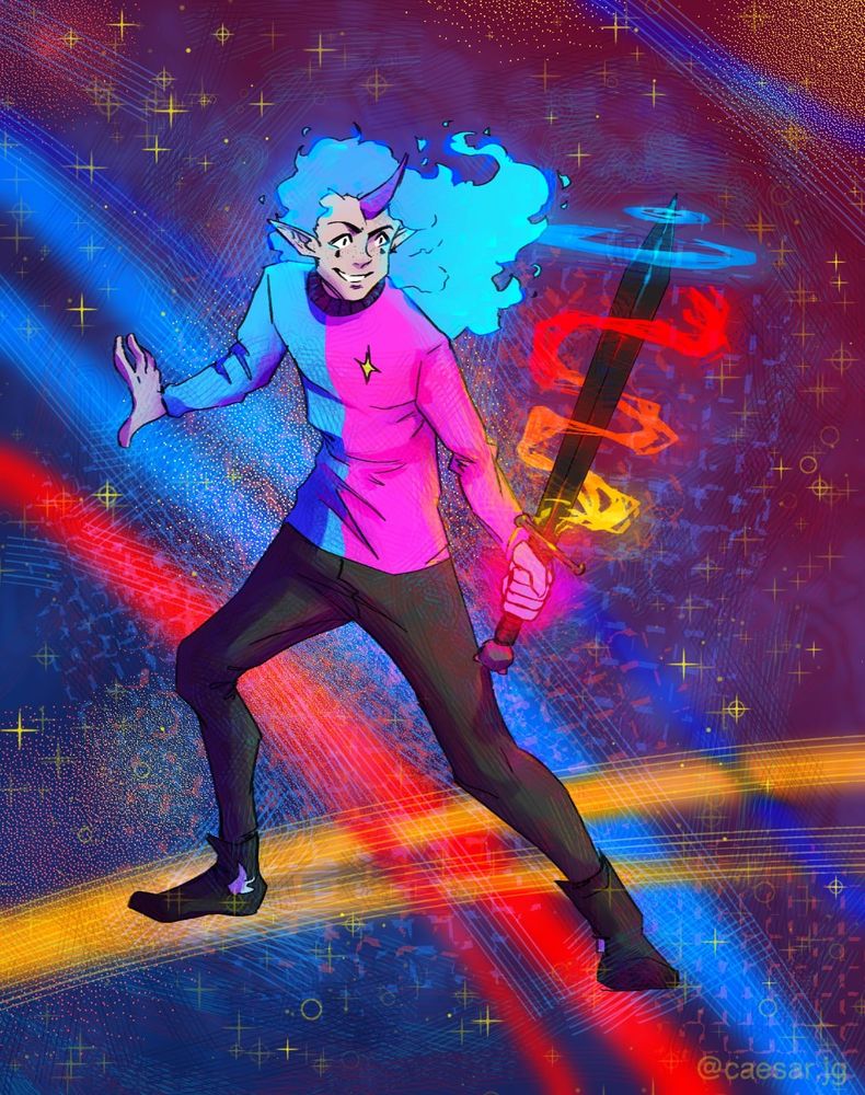 It's @gio4blue's oc Azazel, digitally painted with bright colors and shapes, similar to 1980's synthwave aesthetic. Azazel is standing in a dynamic pose and wielding a dark sword with colorful flames.