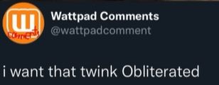 Social media post by @wattpadcomment that reads "i want that twink Obliterated"