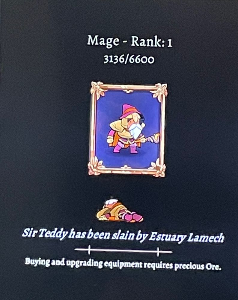 Death screen of someone named Sir Teddy in Rouge Legacy 2
