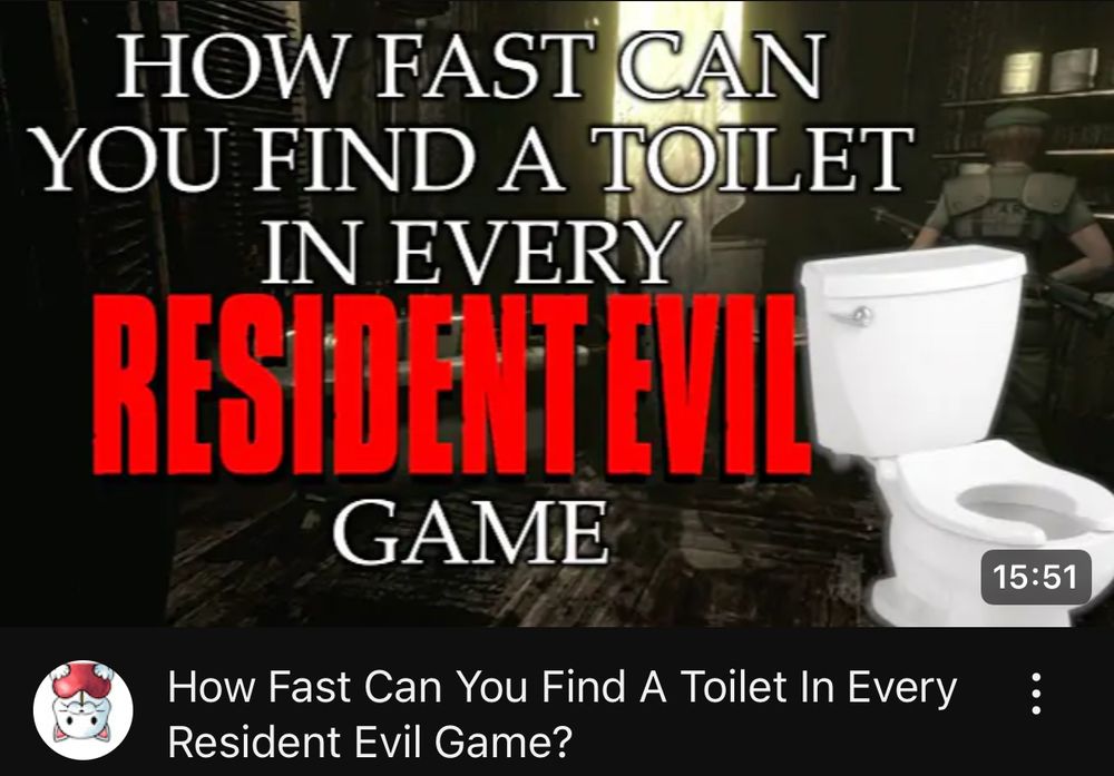 A YouTube thumbnail that asks ‘how fast can you find a toilet in every resident evil game?’