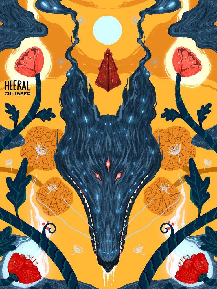 Head of a three eyed wolf, seemingly dissolving into smoke, surrounded by enflamed flowers and vines