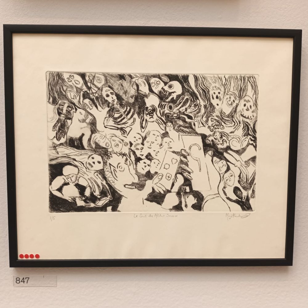 A drawing with black outlines of lots of lonely-looking and haunted faces in what looks like some sort of purgatory. Two of the figures hold mobile phone screens.