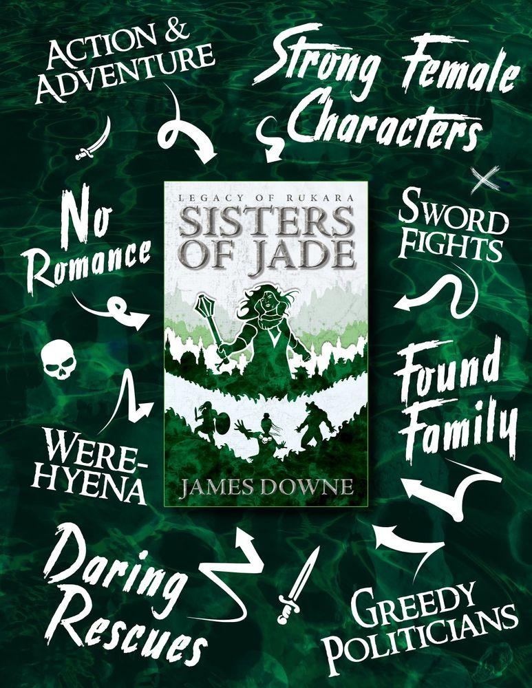 A book cover, Sisters of Jade, is in the centre. 'Action & Adventure', 'Strong Female Characters', 'No Romance', 'Sword Fights', 'Werehyena', 'Found Family', 'Daring Rescues', and 'Greedy Politicians', are written around the cover.