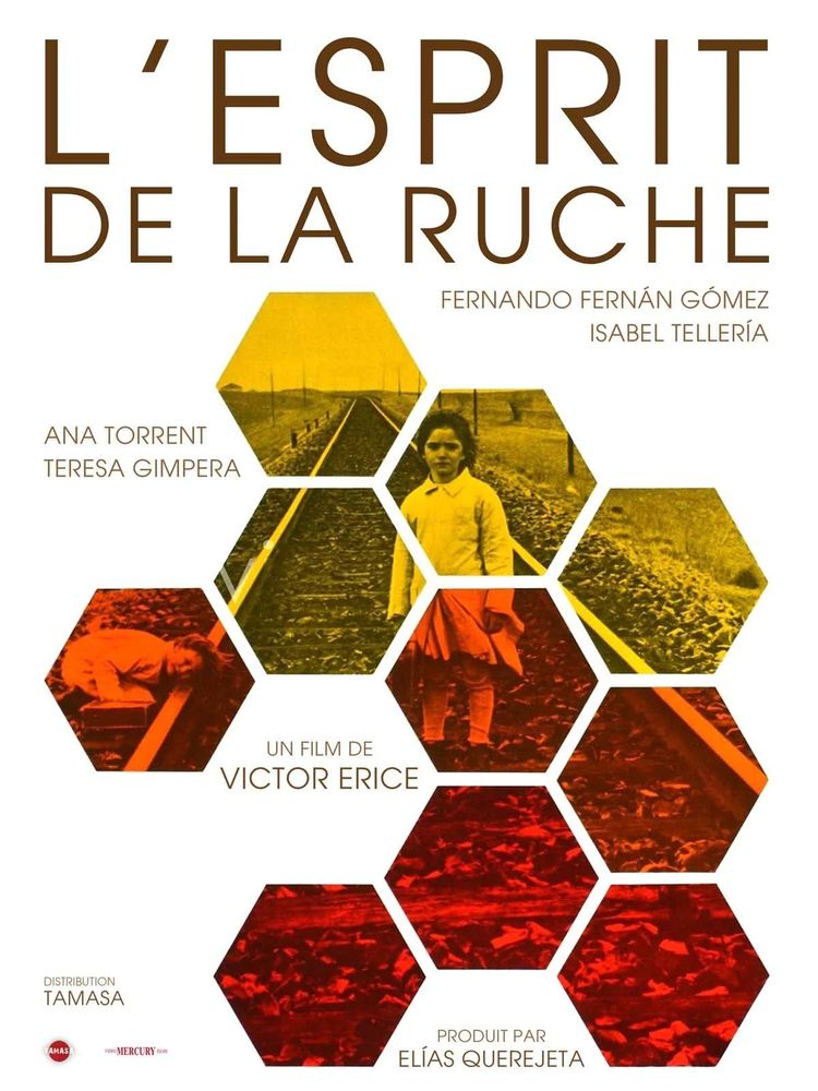 Affiche du film "L'esprit de la ruche" ("El espíritu de la colmena" en VO) de Victor Erice.
Sur fond blanc, on voit des alvéoles jaunes, oranges et rouges révélant l'image de deux petites filles statiques sur des rails ferroviaires.